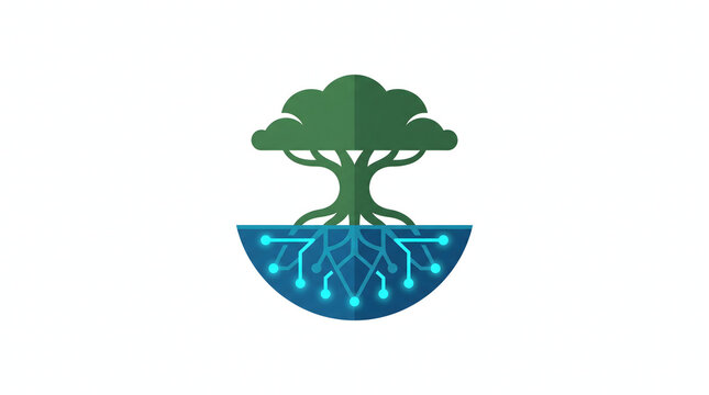 Digital technology tree icon, green oak with glowing circuit board roots, sustainable tech and eco innovation concept