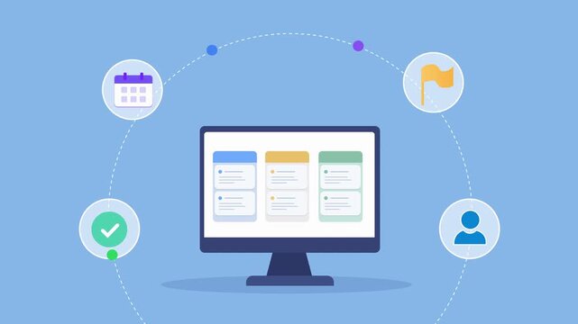 Animated flat vector motion graphic featuring an AI project planning dashboard on a desktop monitor with calendar, user, verification, and notification icons. Ideal for workflow management, productivi