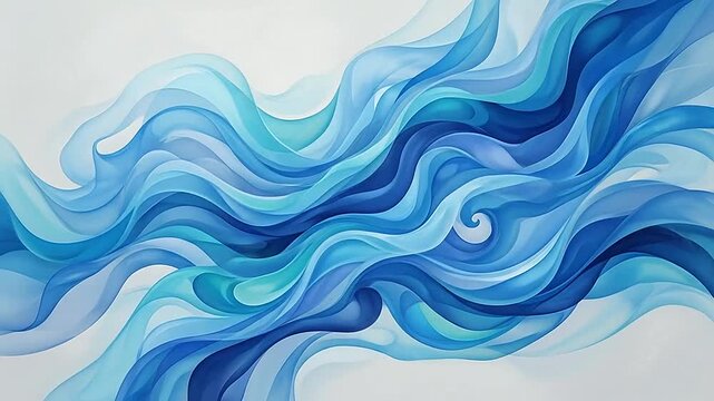 Abstract blue waves flowing across a soft white background surface