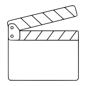 Minimalist hand-drawn vector icon of a film clapperboard with open arm, isolated on white background. Perfect for cinema, movie production, and filmmaking industry projects. Clean line art.