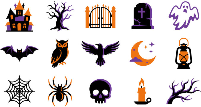 Spooky halloween icon collection featuring haunted house dead trees cemetery gravestone ghost bat owl raven moon lantern spider web skull and candle.