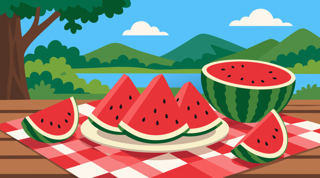 Juicy watermelon picnic vector illustration with sliced fruit on checkered blanket, wooden table, sunny lake, rolling green hills, trees and summer outdoor freshness in bright flat style