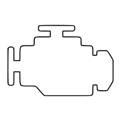 A minimalist black line art vector icon of a car engine block outline, representing a check engine warning light symbol on a dashboard, suitable for automotive repair and maintenance illustrations. © Mirza
