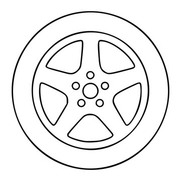 Vector illustration of car wheel rim with five spokes and tire, high quality hand-drawn outline style, minimalist line art icon for automotive transport and vehicle maintenance concept