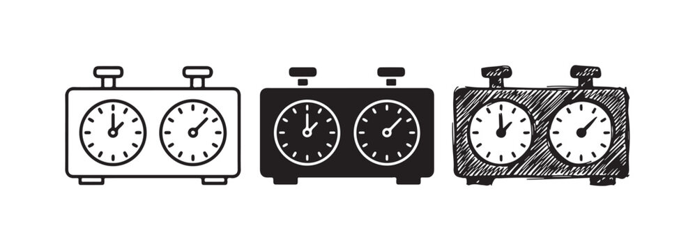 Set of chess clock icons in outline, solid, and hand-sketched styles, depicting a game timer from a slight angle.