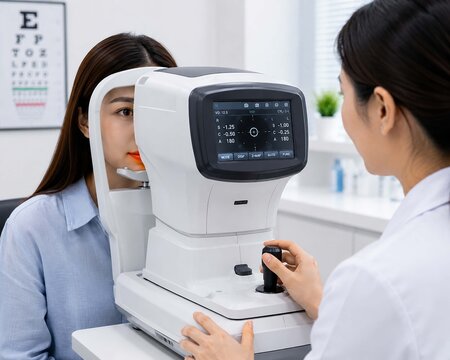 Patient Undergoing Autorefractor Vision Test in Eye Clinic