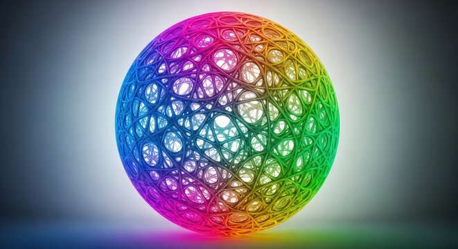 A colorful intricately patterned modern abstract large indoor spherical glass art piece with soft