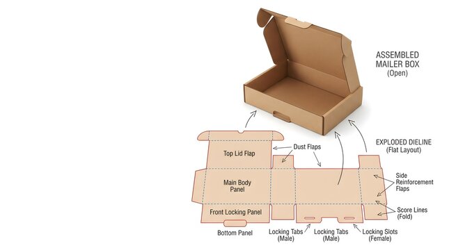Open corrugated mailer box with exploded dieline diagram and labeled folding components