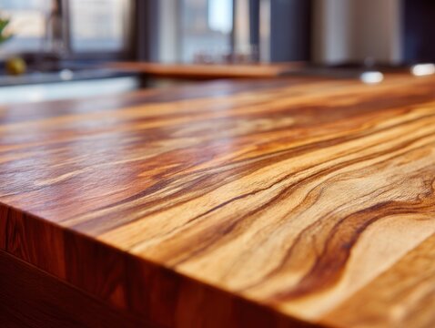 Close-up of a polished, rich-toned wood countertop, showcasing prominent grain patterns and a smooth, reflective surface, set within a blurred kitchen backdrop
