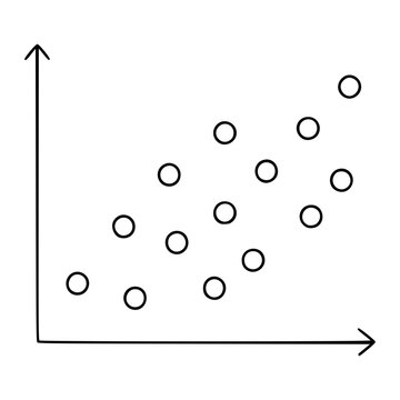 Hand drawn scatter plot vector icon showing positive correlation between data points on graph axes, minimalist line art illustration for statistics analytics and scientific research design