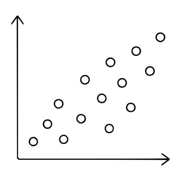 Hand drawn scatter plot vector icon with positive correlation data distribution on coordinate axes, minimalist line art illustration for statistical analysis and business data design