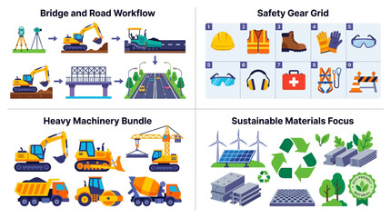Naklejka premium Construction and Infrastructure Infographic Set with Heavy Machinery, Safety Gear, and Sustainable Materials