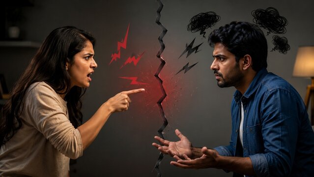 Intense Relationship Conflict: Couple Arguing with Conceptual Rift and Emotional Outburst Symbols