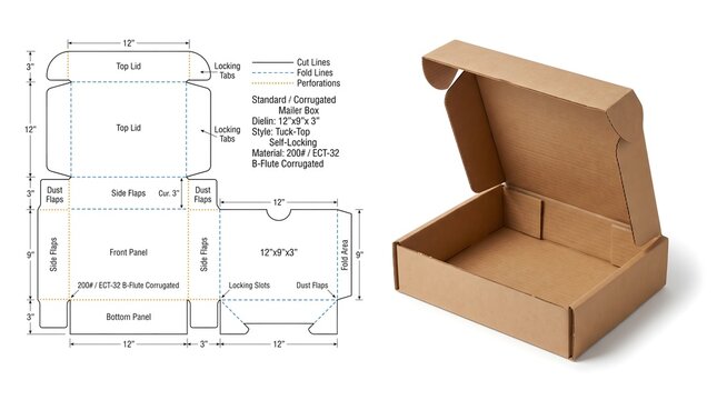 Detailed corrugated mailer box dieline with dimensions beside an assembled open carton