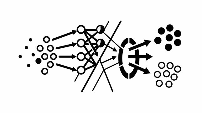 Abstract diagram showing data processing with inputs network and outputs