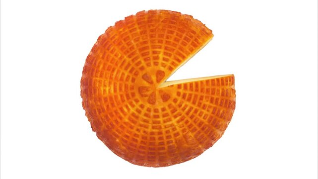 Slice of fresh round homemade smoked cheese rotates against a white background. Top view.