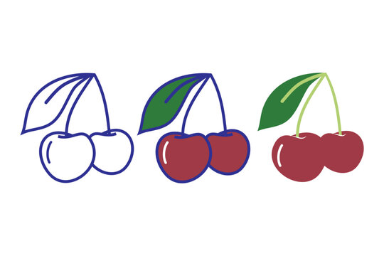 Cute Cherry Fruit Vector Icon Set with Outline Line Art and Flat Color Variations