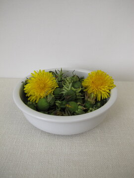 Freshly picked green dandelion buds in a small bowl
