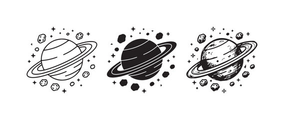 Ringed Planet Icon Set: Outline, Solid, and Hand-Drawn Sketch of a Saturn-like Celestial Body with Asteroids © Ірина Гринюк