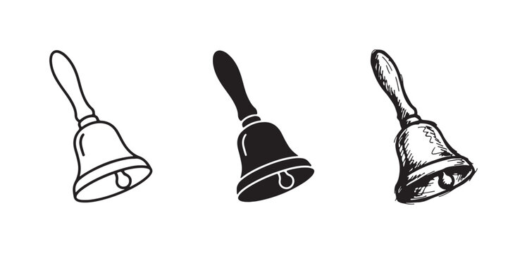 Three styles of a hand bell icon, depicted with a handle and clapper in outline, solid, and detailed hand-drawn versions.