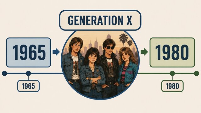 Generation X Demographic Infographic: Historical Timeline 1965 to 1980 with Retro 80s Style Illustration