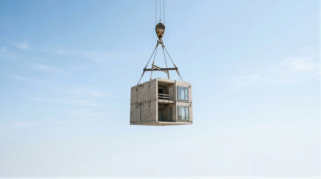 Concrete house module hanging on crane hook. Modular construction of residential building. Lifting of prefabricated dwelling unit. Innovative architecture and engineering concept.