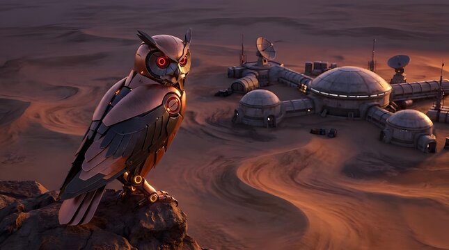 Cybernetic mechanical owl perched on rocks watching a desert outpost base at sunset.