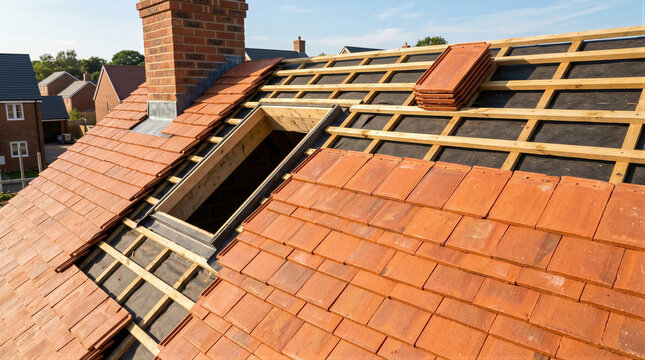 Roofer installing red clay tiles on house roof. Construction site with unfinished attic window. Renovation of building exterior. Carpentry framework, home improvement and architecture.