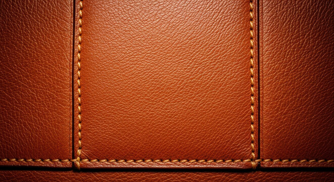 A close-up of a section of a brown well-worn leather pocket with visible creases and a central