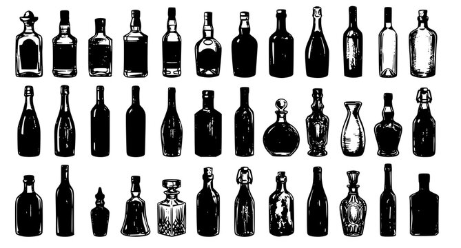 Illustrate an original collection of 30 alcohol bottle sketches arranged in a clean balanced grid on a solid white background. Draw tequila, whiskey, rum, brandy, champagne, vodka, gin, wine, bourbon,