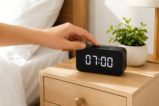 Hand pressing button on digital alarm clock