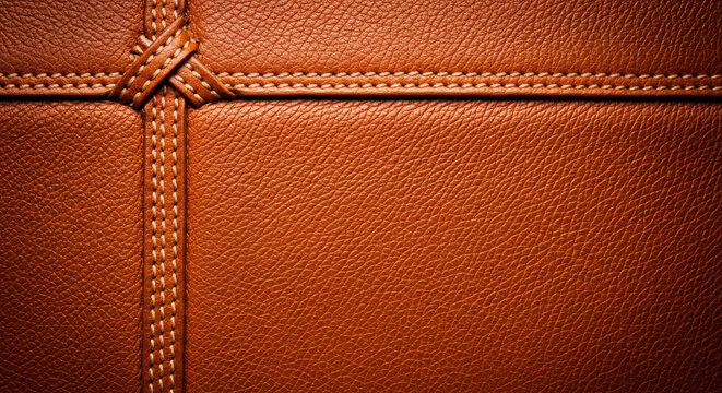 A Close-up of a Brown Leather Section with a Central Cross-Stitching Pattern and Shadowed Edges