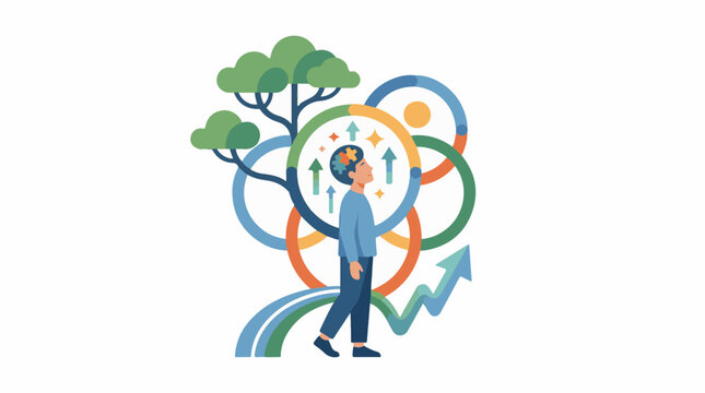 A colorful illustration of a person with a brain full of ideas standing in front of a tree and circular arrows