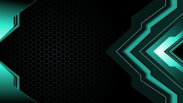 Dark geometric background with layered chevron shapes, hexagonal pattern accents animation