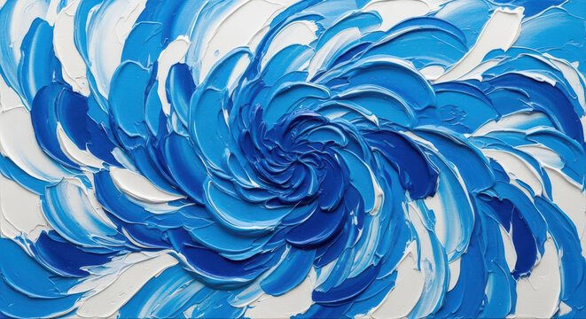 A Close-up of an Abstract Artistic Composition with a Central Spiraling Pattern in Blues and Whites