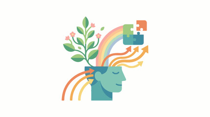 Obraz premium A stylized illustration of a human head with a plant rainbow and puzzle pieces emerging from it symbolizing growth an