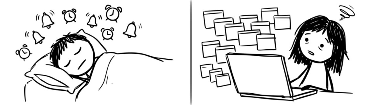 The image presents a humorous take on distractions from responsibilities, showing a character lost in tasks while others struggle with awakening and time management.