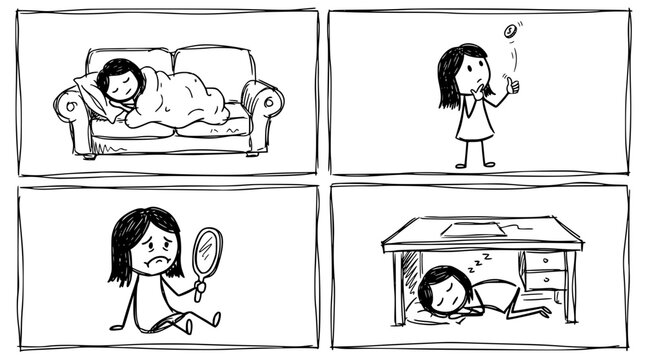 This image illustrates a character&rsquo;s internal struggle with laziness and self-image as they navigate daily activities from sleeping to looking in the mirror.