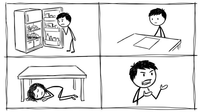 In this image, a boy searches through an empty fridge while a girl is found beneath a table, conveying the relatable late-night cravings and humorous moments.