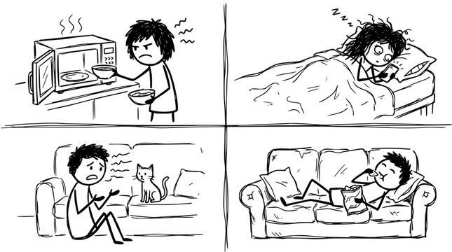 A comic strip showcasing a person's struggle with the microwave, returning to bed, facing disappointment while trying to engage with their cat, and relaxing on the couch.