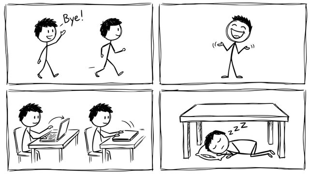 A lighthearted comic illustrating a person's casual farewell that leads to an unintentional nap in class, emphasizing the humorous side of everyday student life.