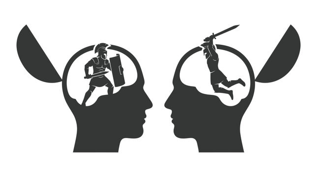 Two open human head silhouettes featuring fighting spartan warriors in a stark black and white design