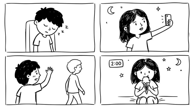 This image depicts a girl enjoying ice cream late at night while her friend walks by, capturing a bittersweet moment of solitude and enjoyment under a starry night.