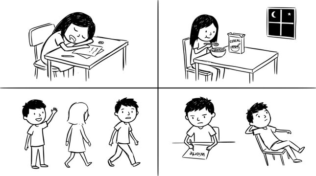 This illustration captures various phases of student life, depicting feelings of stress, joy, and daily challenges while showing relatable moments of studying and relaxation.