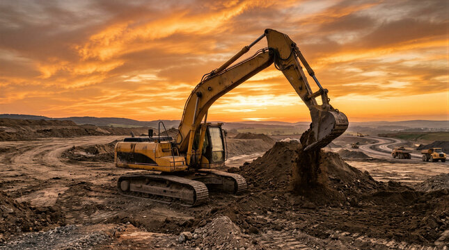 Excavator working at construction site during sunset. Heavy machinery for earthmoving and mining. Industrial development project with yellow equipment in quarry. Infrastructure building process.