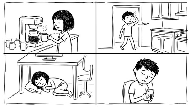 A visual narrative showing the daily life of a creative person, depicting moments of coffee breaks, work distractions, and the struggle to stay productive amidst fatigue.