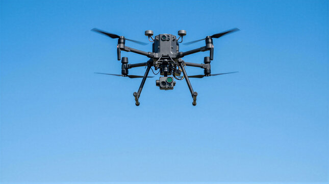 Industrial drone flying in blue sky. Professional quadcopter with thermal camera for inspection and surveillance. Modern unmanned aerial vehicle for mapping, agriculture and security.