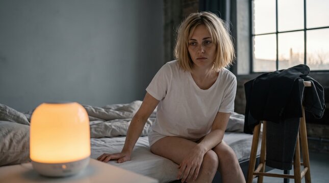 Drained blonde office professional sits silently on an unmade loft bed, staring toward a blurred amber wake lamp while a dark business suit waits nearby for another demanding morning routine.