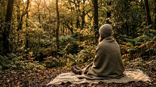Woman Wrapped in Soft Blanket, Contemplating in Golden Hour Forest Clearing for Wellness Content