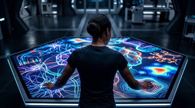 Futuristic AI Research: Black Woman Analyzing Multi-Sensory Data on Glowing Table for Tech Innovation